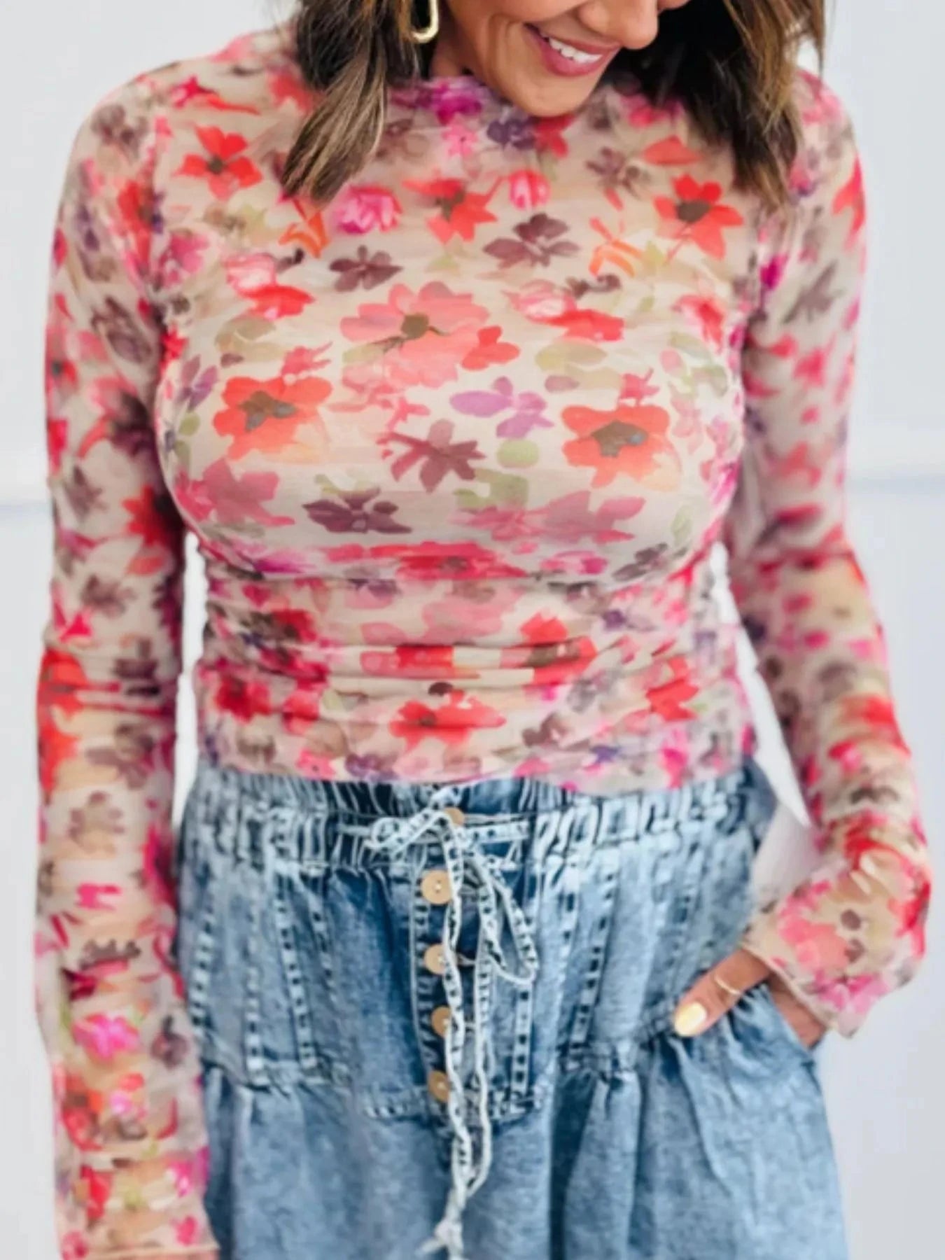 Floral Mesh Long Sleeve Fitted Blouse Coco’s Tee Boutique