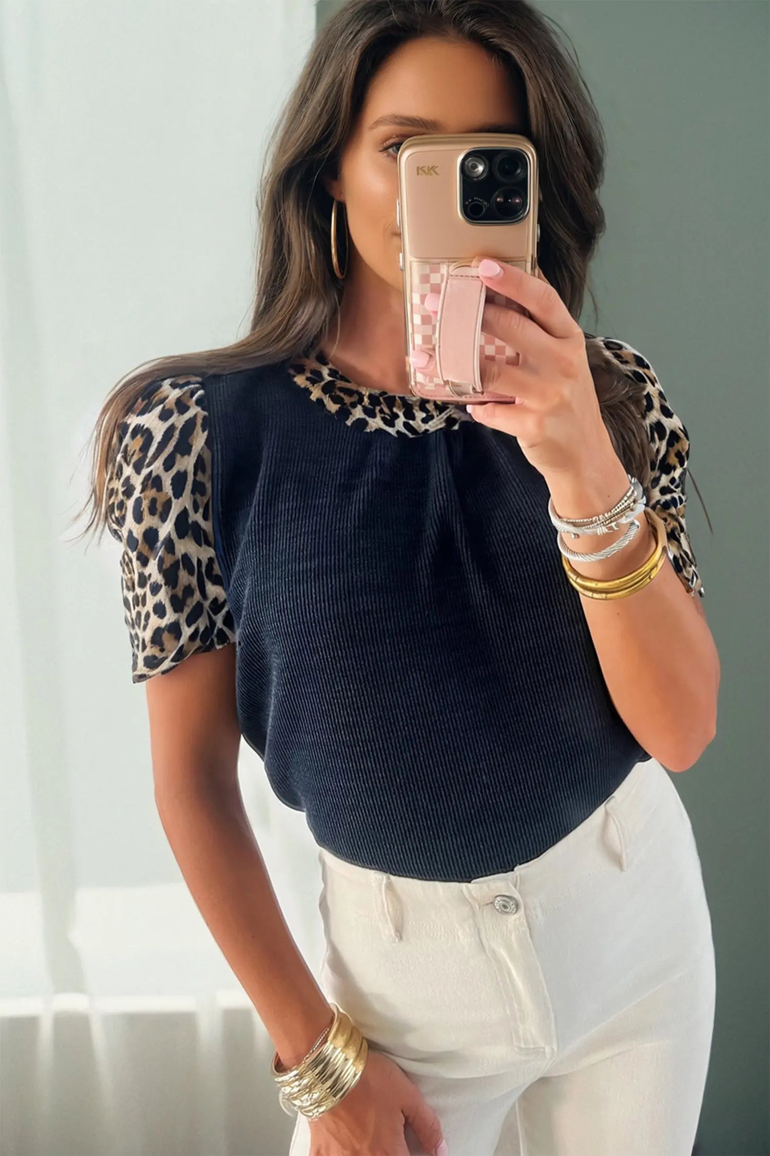 Navy Blue Ribbed Patchwork Leopard Short Sleeve Top For Women Dear-Lover Dropshipping