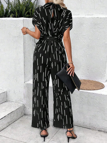 Tied Printed Mock Neck Wide Leg Jumpsuit.