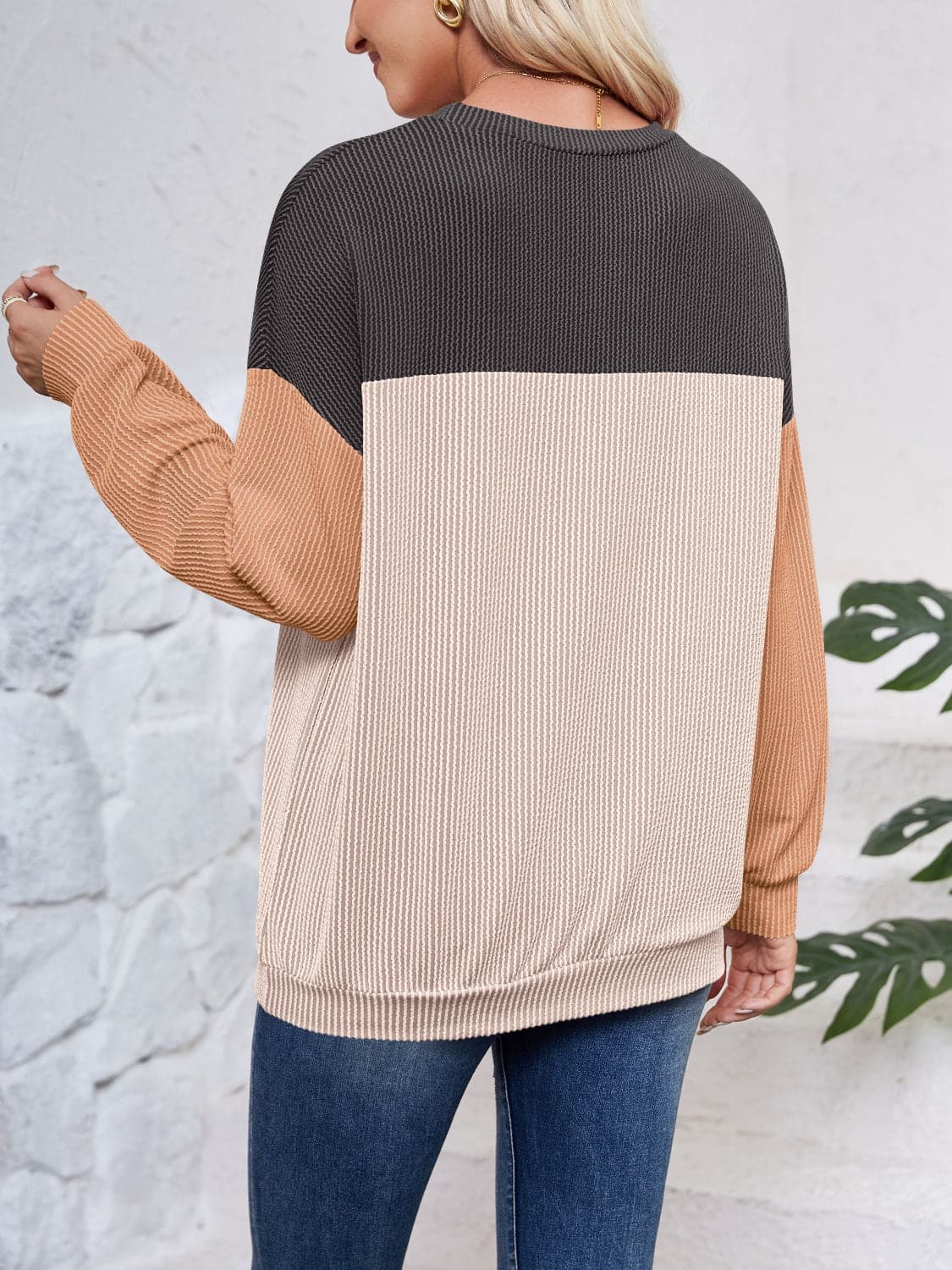 Color Block Round Neck Long Sleeve Sweatshirt.