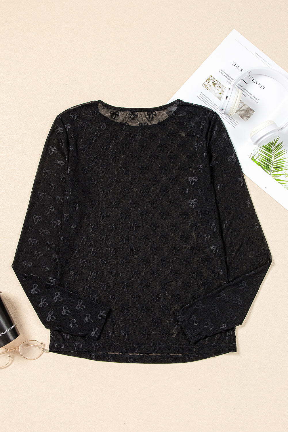 Black Mesh Bow Pattern Long Sleeve Top for Women