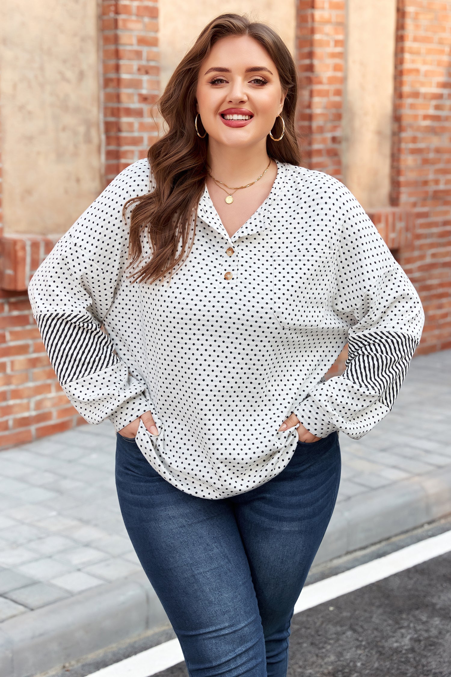 Beige Plus Size Dot Print Striped Patchwork Long Sleeve Henley Top Dear-Lover Dropshipping