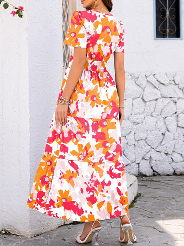 Smocked Printed Short Sleeve Midi Dress.