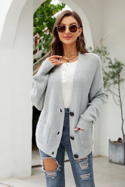 Button Up Drop Shoulder Long Sleeve Cardigan.