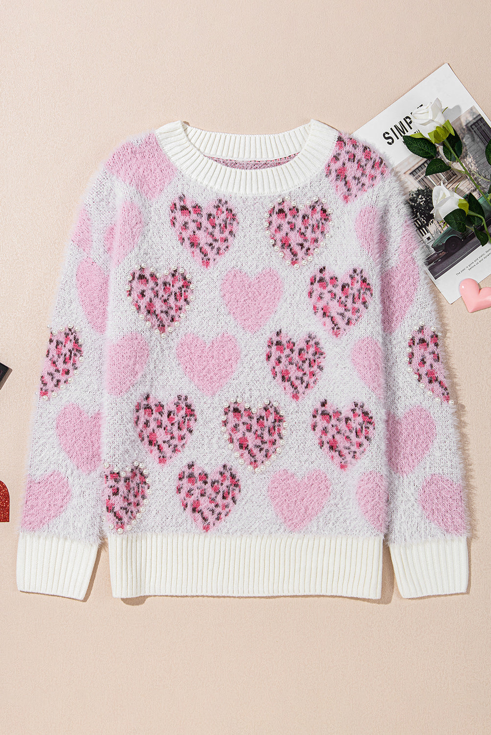 Fuzzy Pink Leopard Heart Sweater with Pearled Accents