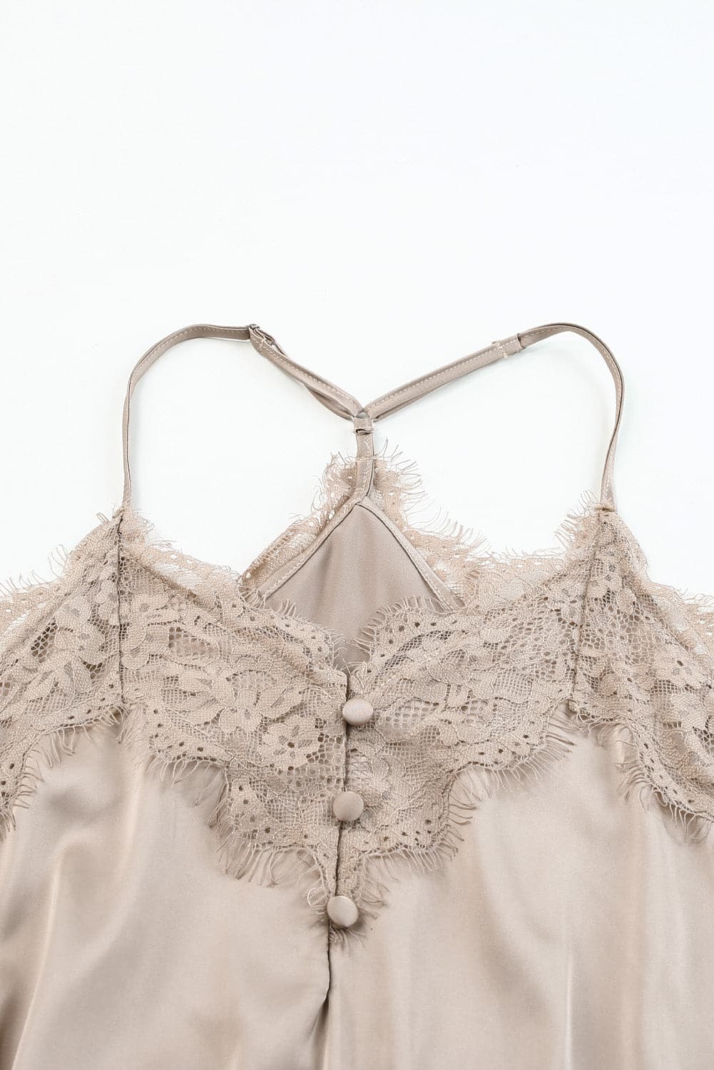 Lace Trim Buttoned Spaghetti Strap Bodysuit.