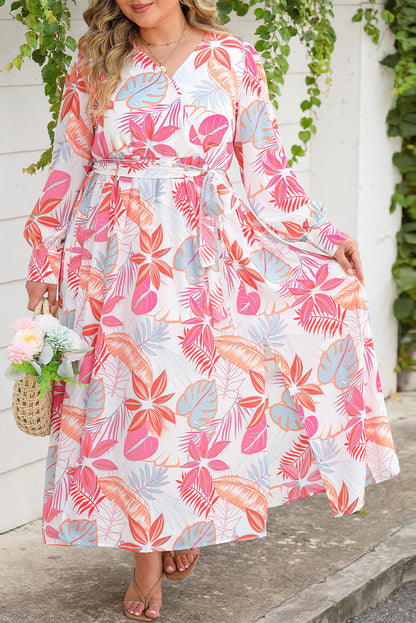 Tropical palm print plus size maxi dress with tie waist and slit