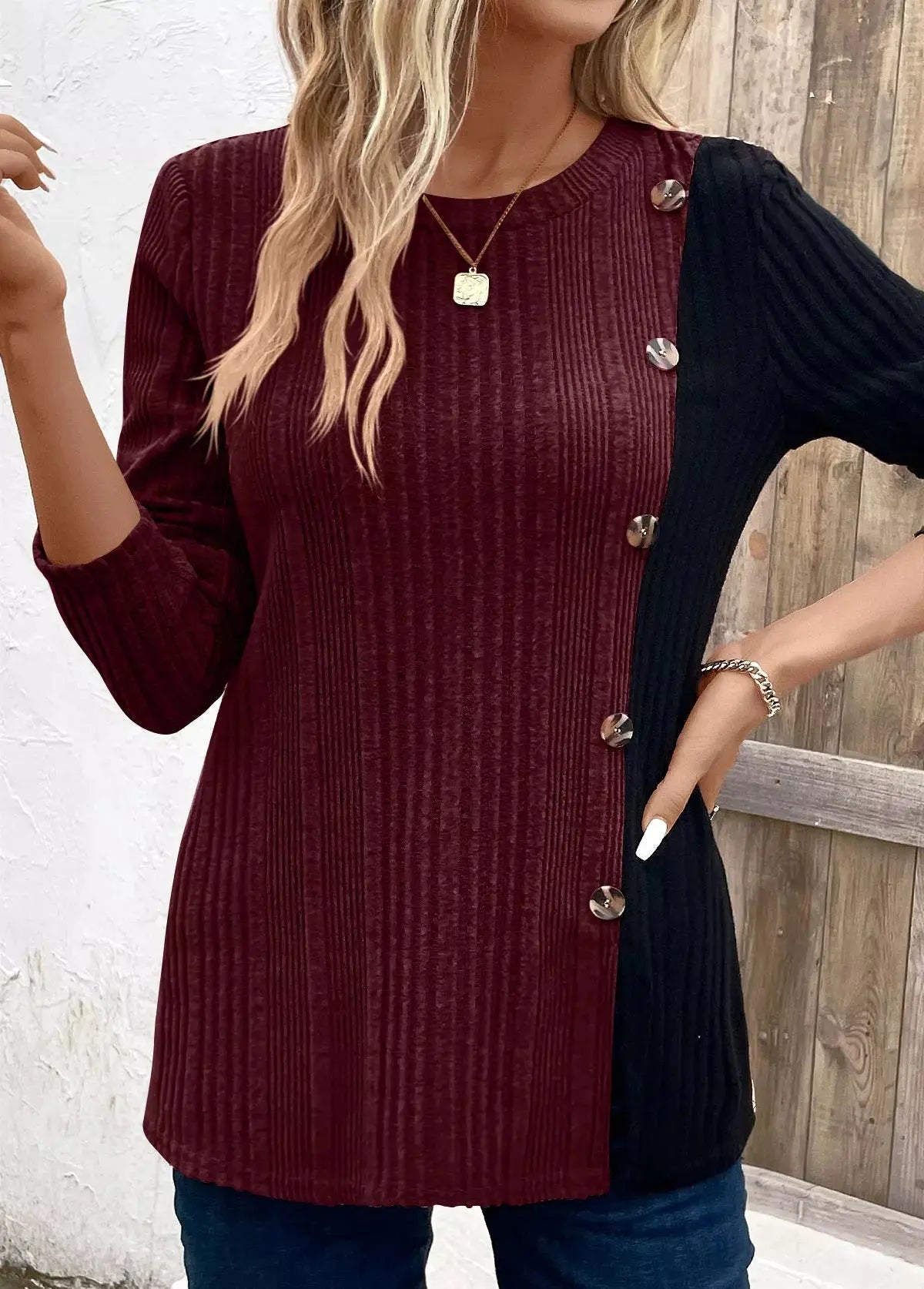 Color Block Ribbed Knit Top With Decorative Buttons Slit Detail Simply Love