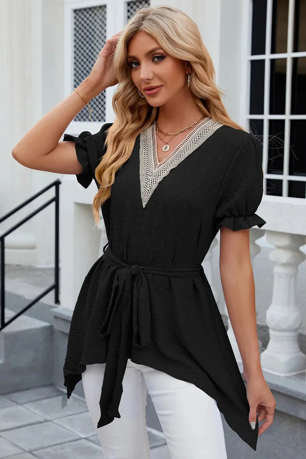 Swiss Dot Tie Waist Flounce Sleeve Blouse Coco’s Tee Boutique