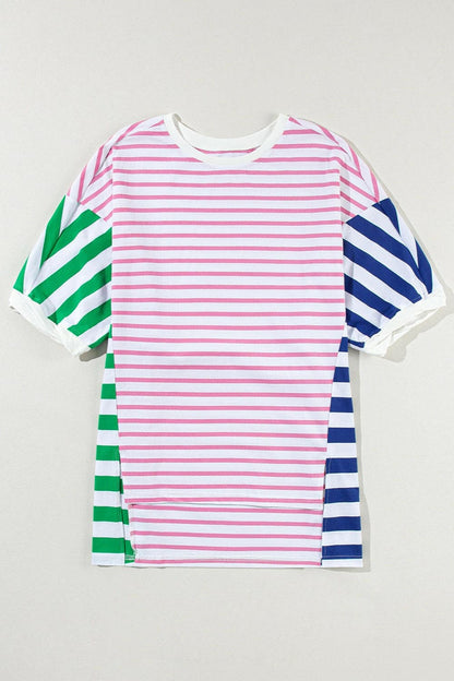 Striped Round Neck Dropped Shoulder T-Shirt.