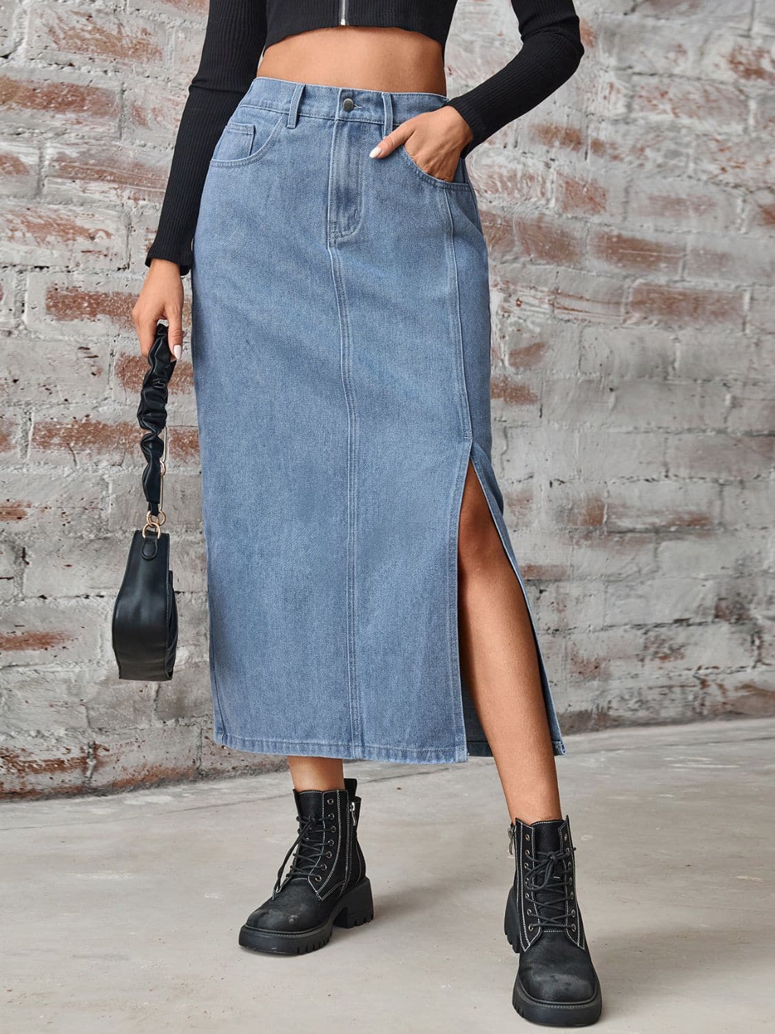 Slit High Waist Denim Skirt with Pockets.