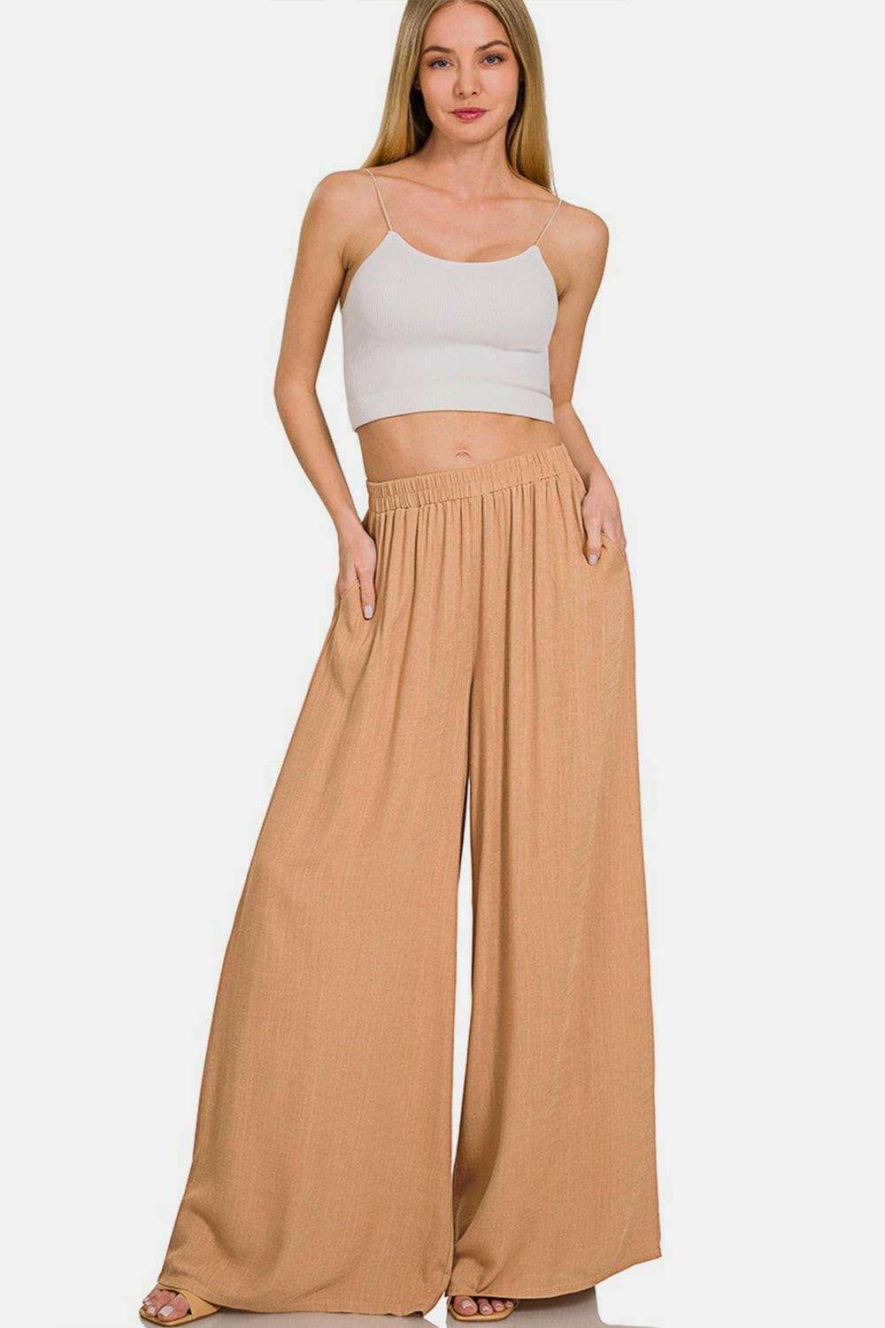 Zenana Pleated Linen Blend Wide Leg Pants.