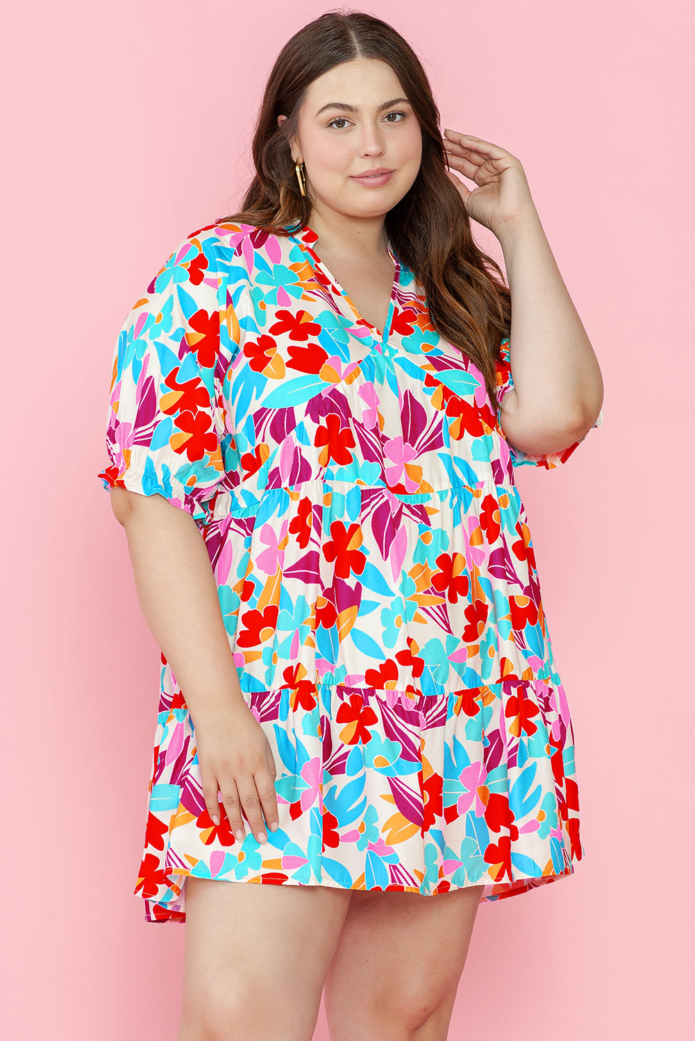 Floral V-neck plus-size tiered dress in vibrant hues