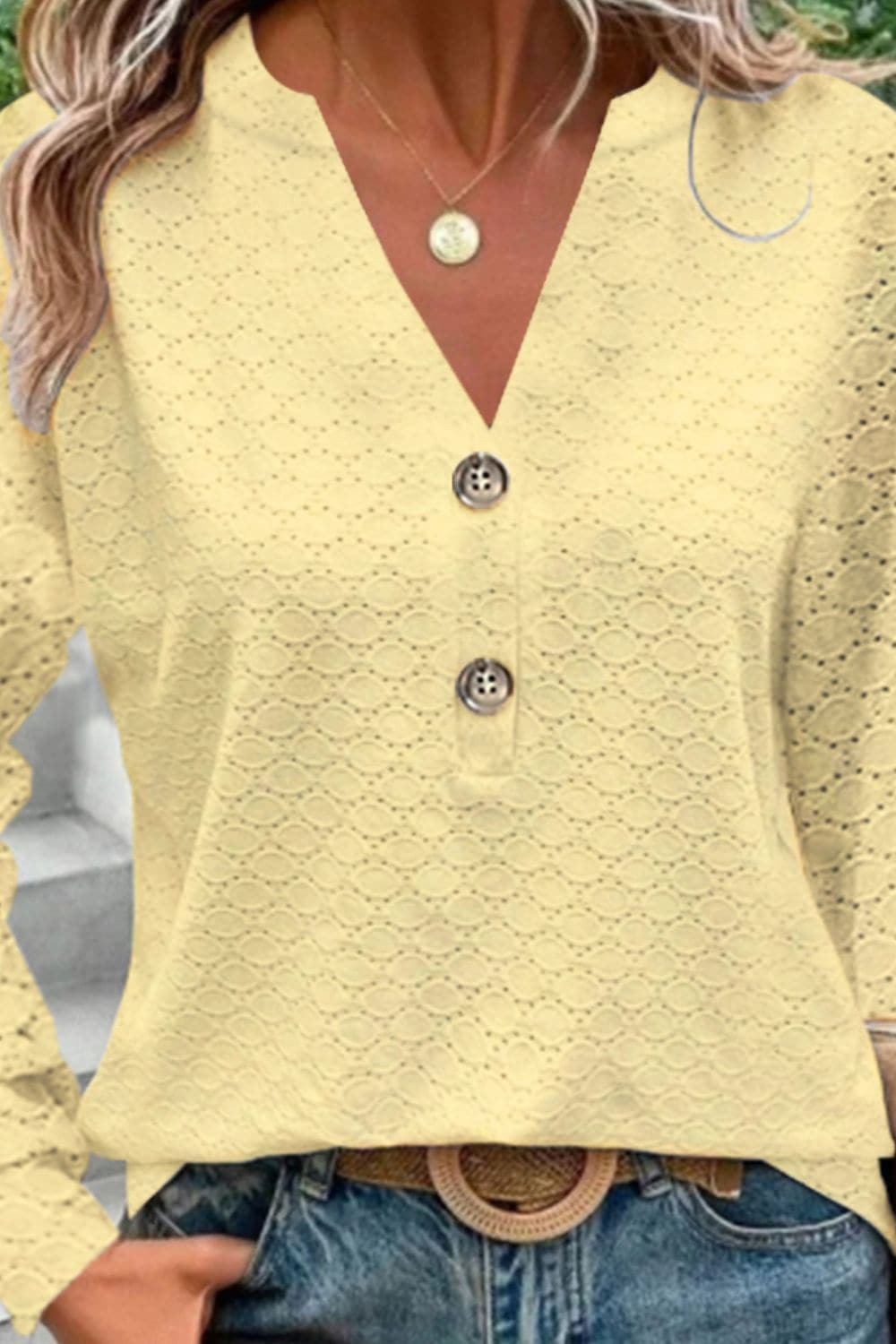 Eyelet Notched Long Sleeve T-Shirt.