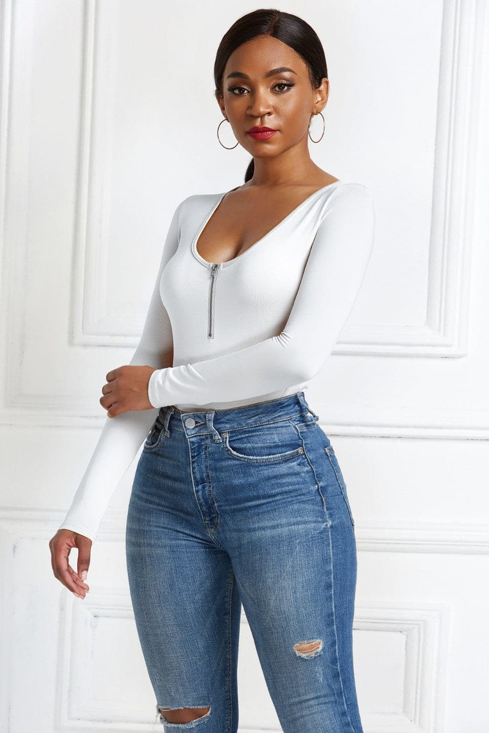 Half Zip Scoop Neck Long Sleeve Bodysuit.