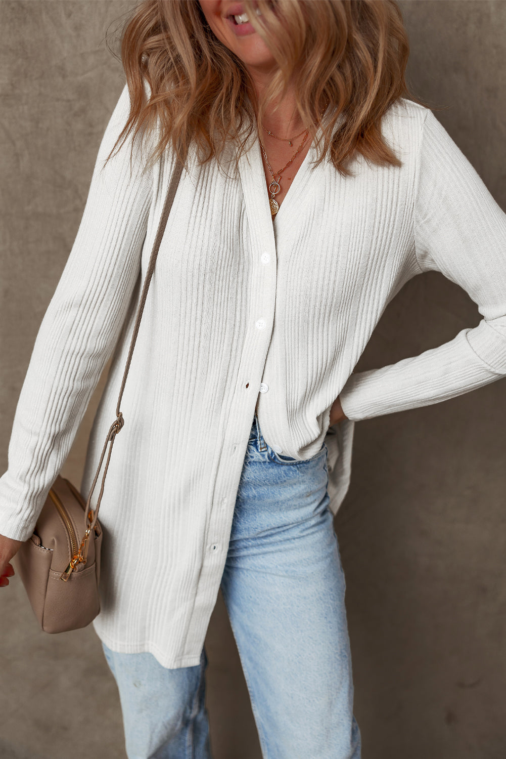 Chic White Ribbed Button-Up Long Sleeve Tunic Cardigan