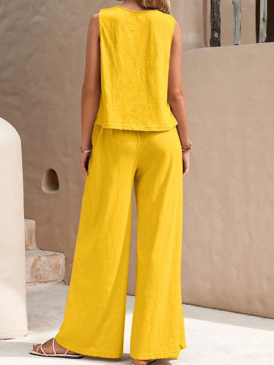 Round Neck Sleeveless Top and Wide Leg Pants Set.