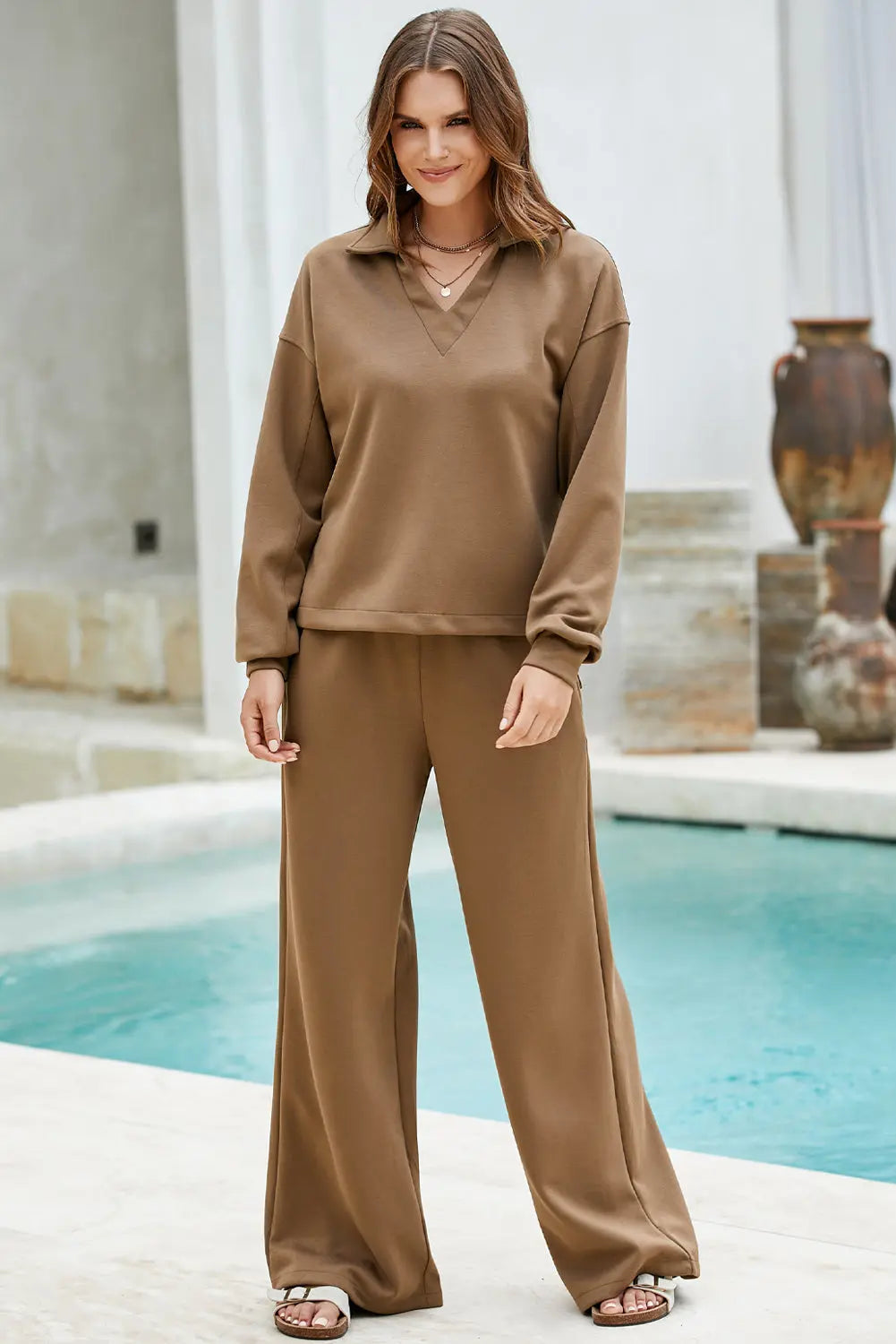 Coffee Solid Color V Neck Top And High Waist Pants Set Dear-Lover Dropshipping