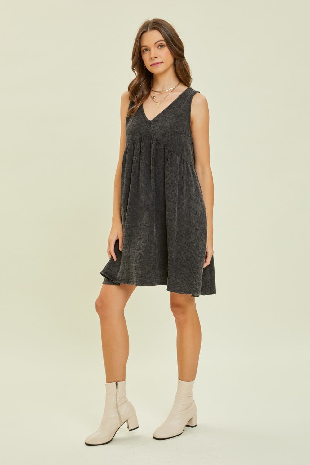 HEYSON Full Size Texture V-Neck Sleeveless Flare Mini Dress.