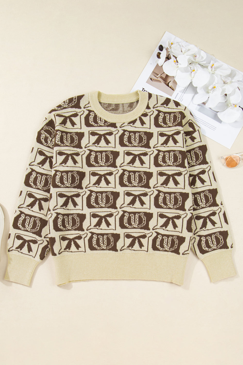 Brown Bow Horseshoe Print Checkered Plus Size Knit Sweater Dear-Lover Dropshipping