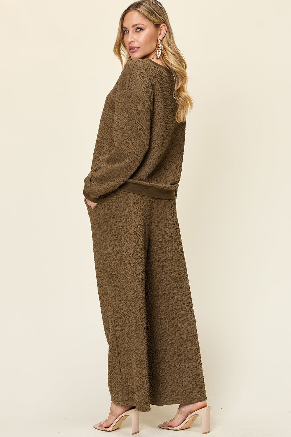 Double Take Full Size Texture Long Sleeve Top and Pants Set.