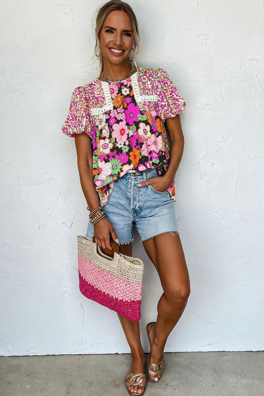 Floral lace trim blouse with playful bubble sleeves in rose red