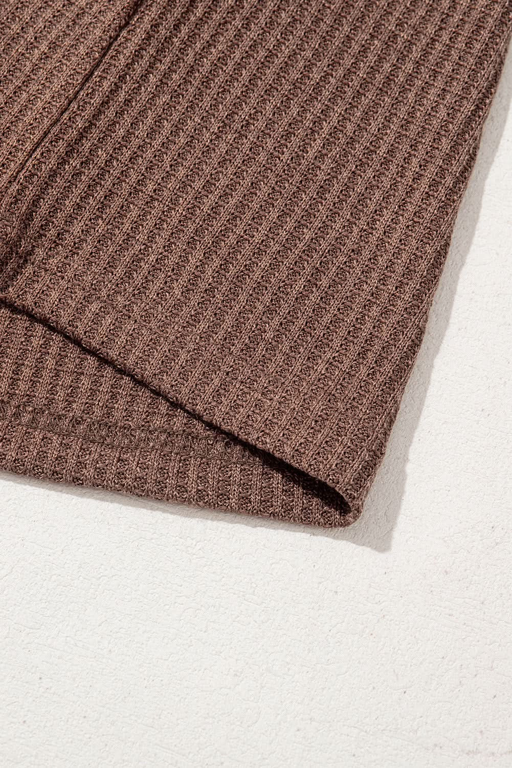 Coffee Ruffled Floral Sleeve Patchwork Waffle Knit O Neck Blouse - Love Salve 