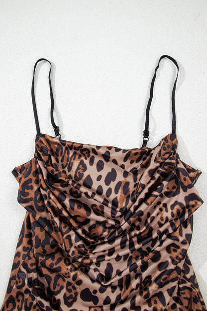 Brown Spaghetti Straps Ruched Leopard Bodysuit for Women