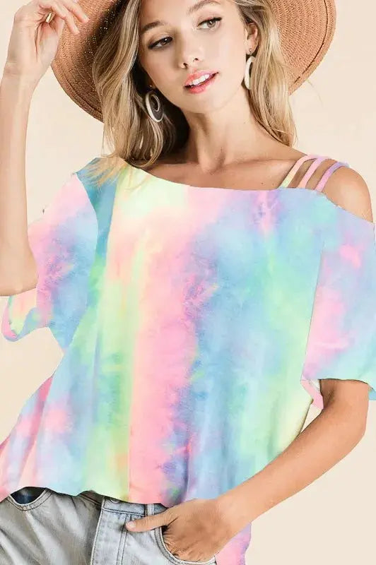 BiBi Tie Dye French Terry Strapped One Shoulder Top - Love Salve 