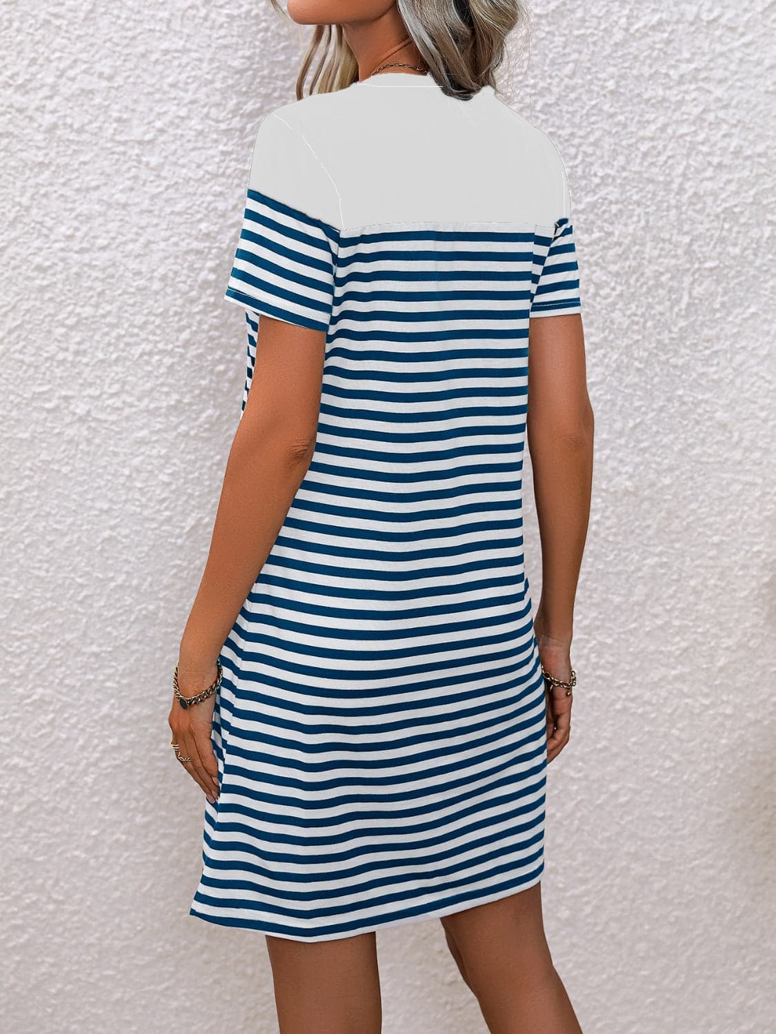 Striped Round Neck Short Sleeve Mini Tee Dress.