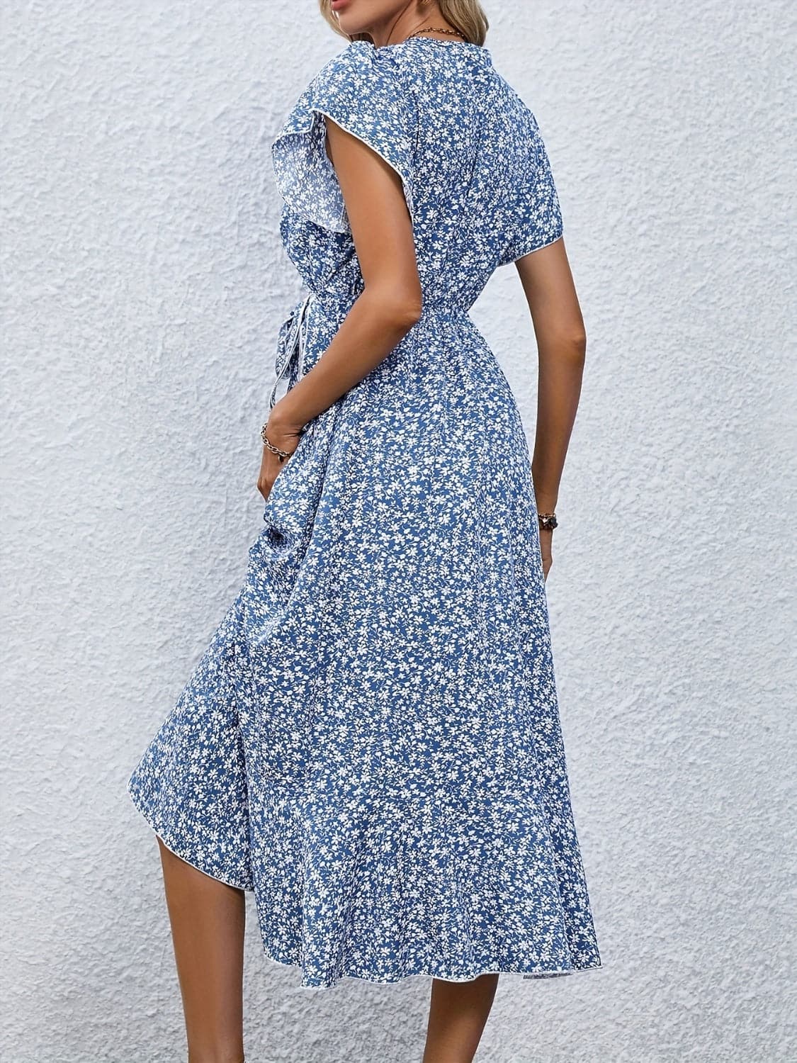 Printed Surplice Flutter Sleeve Midi Dress.