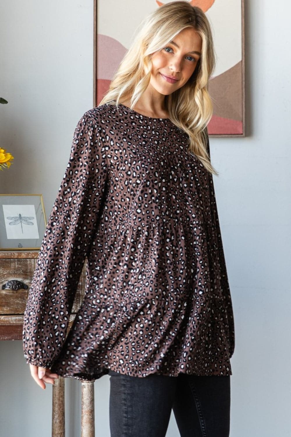 Leopard print long sleeve tiered blouse for a chic look