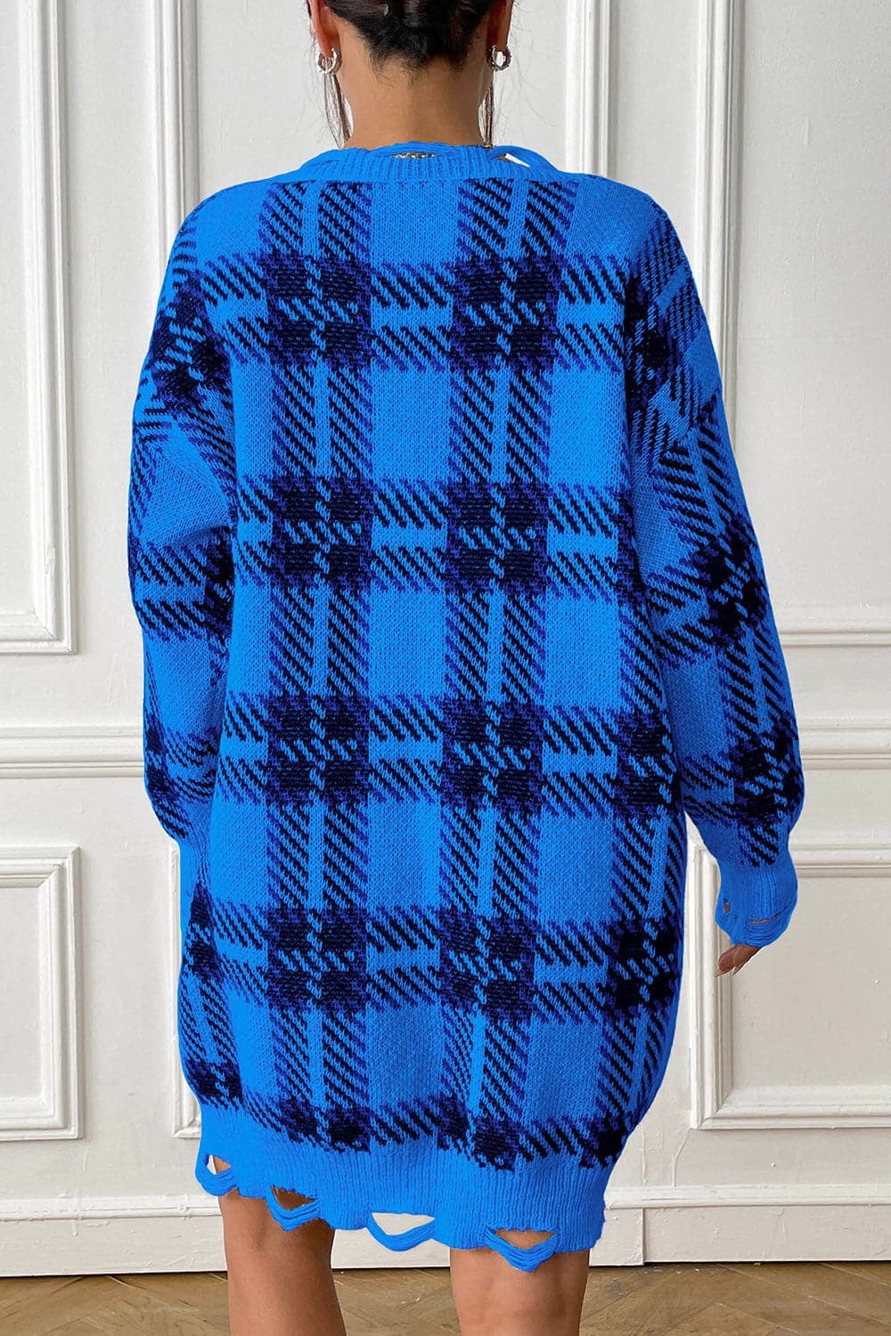 Plaid V-Neck Long Sleeve Sweater Dress.