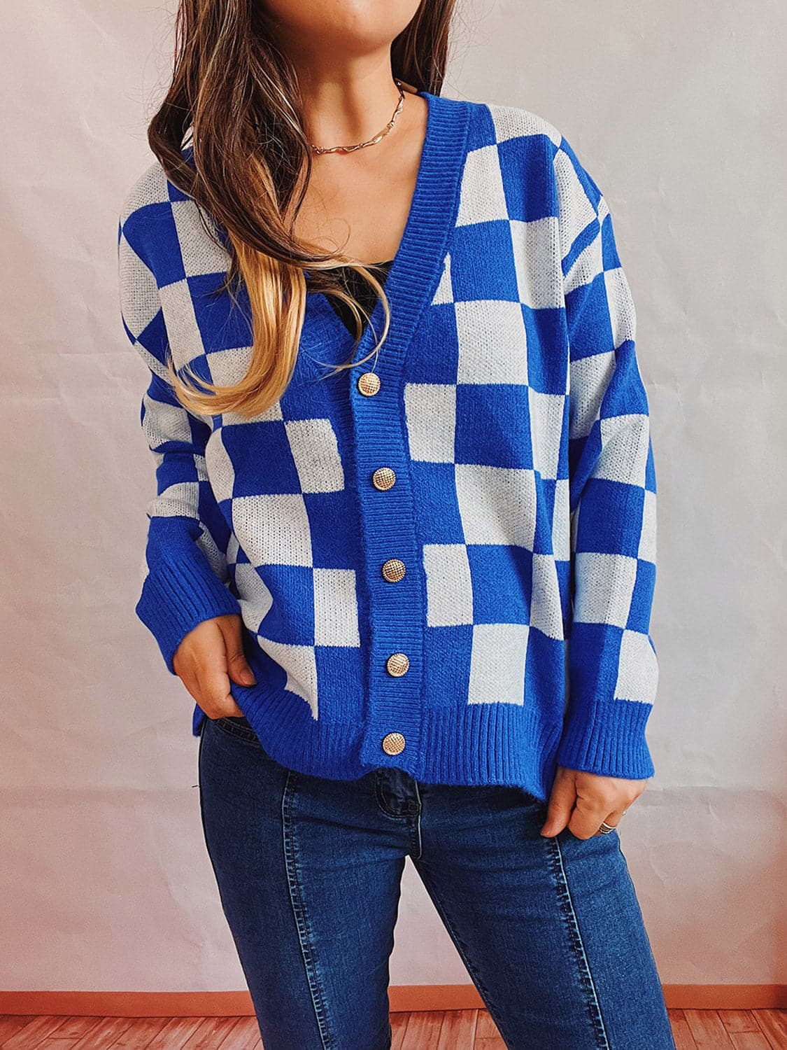 Checkered Open Front Button Up Cardigan.