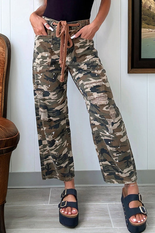 Green Camouflage Print Distressed Loose Denim Pants With Splash Design Dear-Lover Dropshipping
