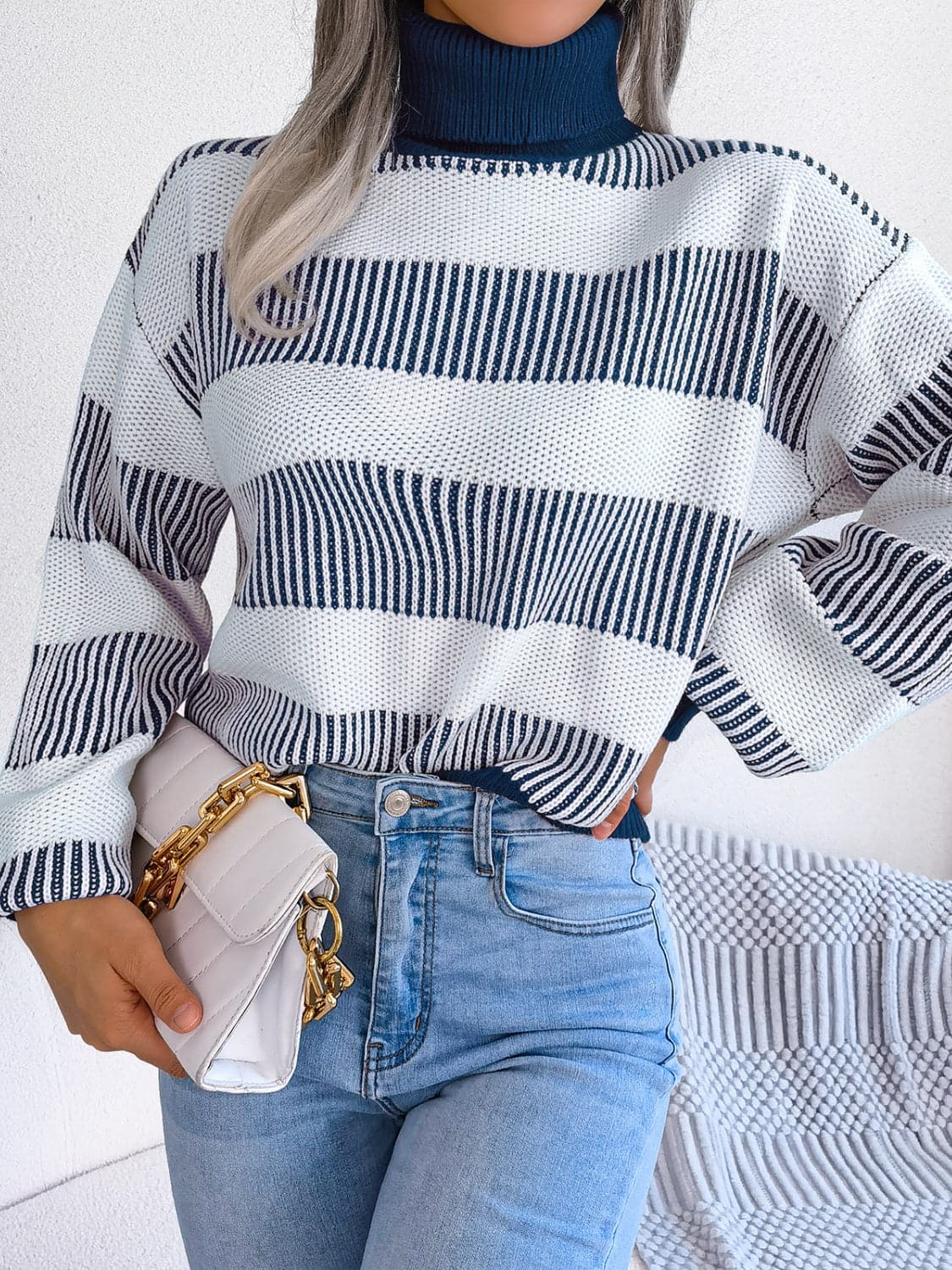 Striped Turtleneck Long Sleeve Sweater.