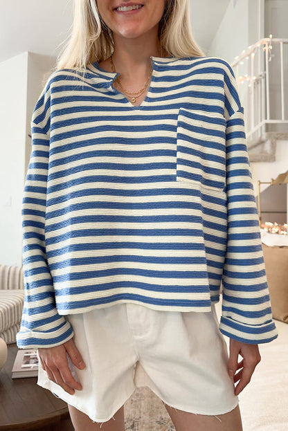 Sky Blue Striped V-Neck Top with Pocket and Buttoned Back