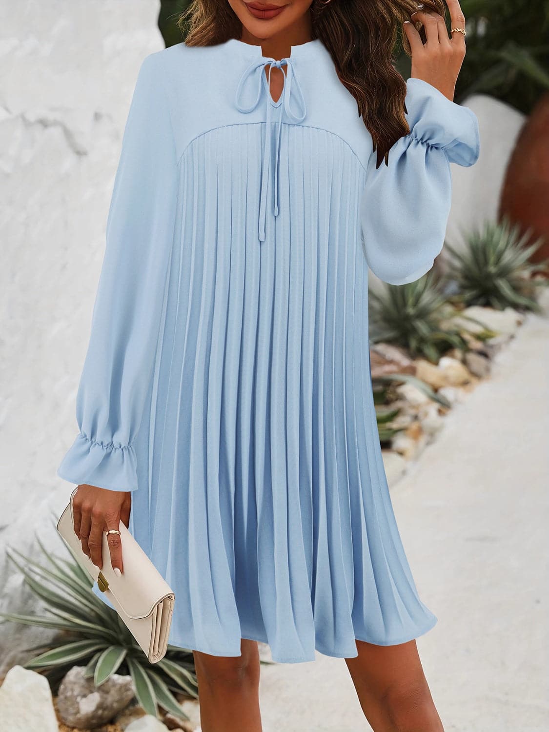 Tie Neck Flounce Sleeve Mini Dress.