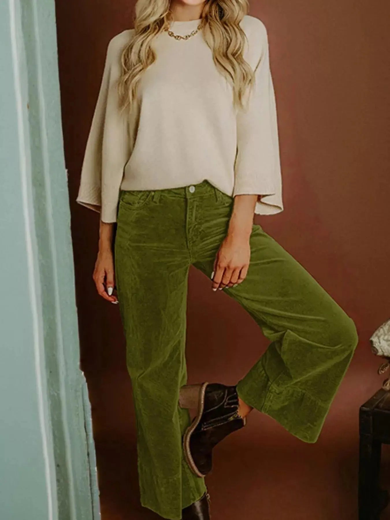 Corduroy Solid Color High Waist Wide Leg Pants Simply Love