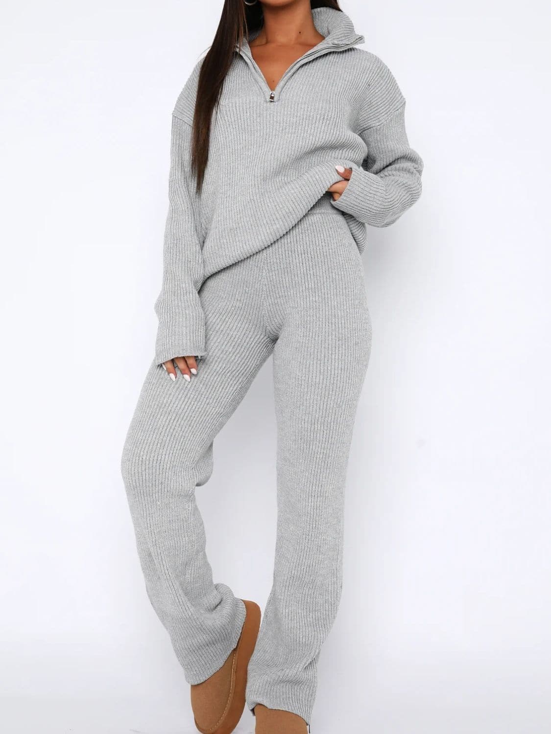 Cozy quarter zip ribbed lounge set with long sleeves and matching pants