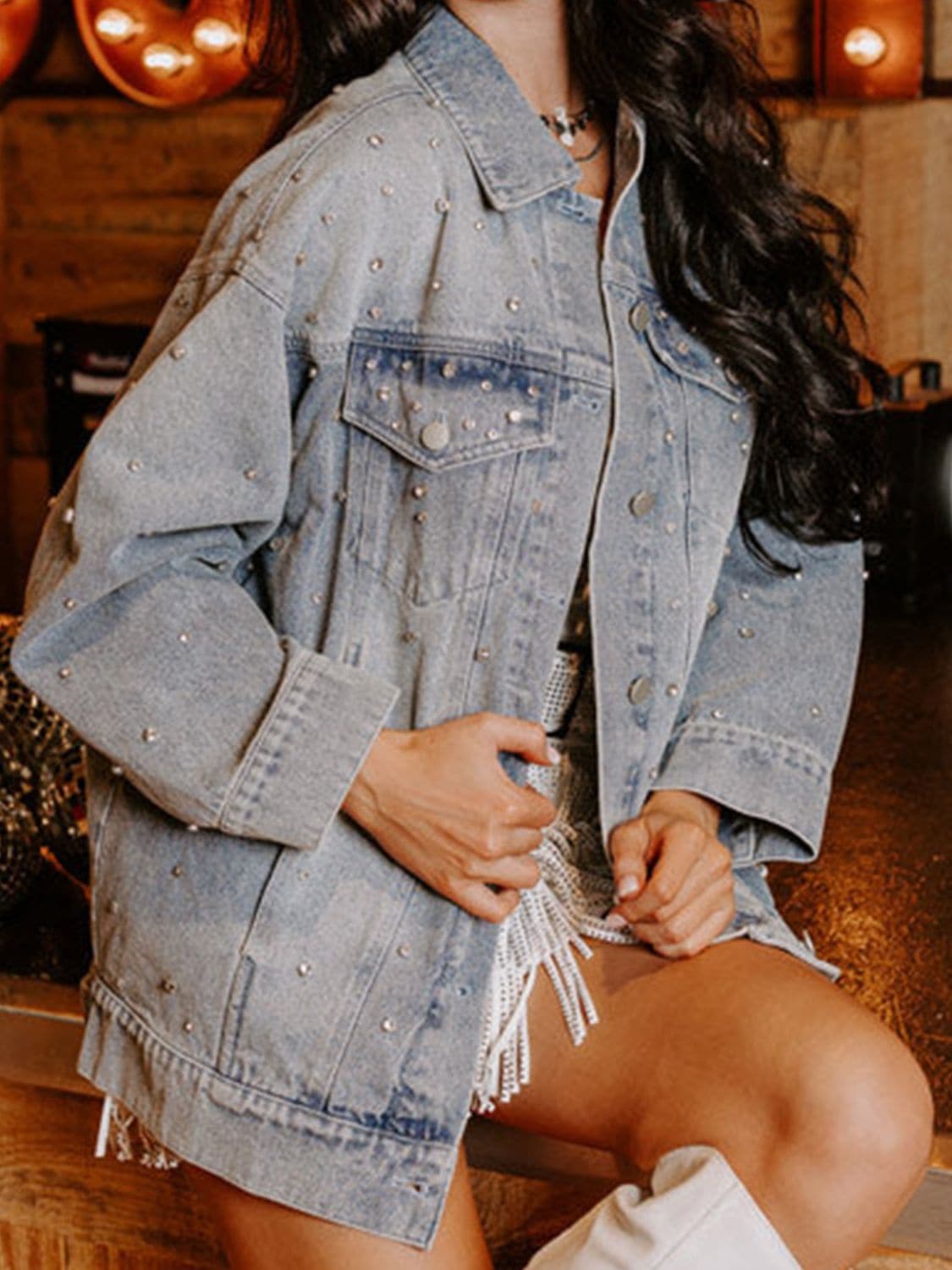 Rhinestone Detail Button Up Denim Jacket.