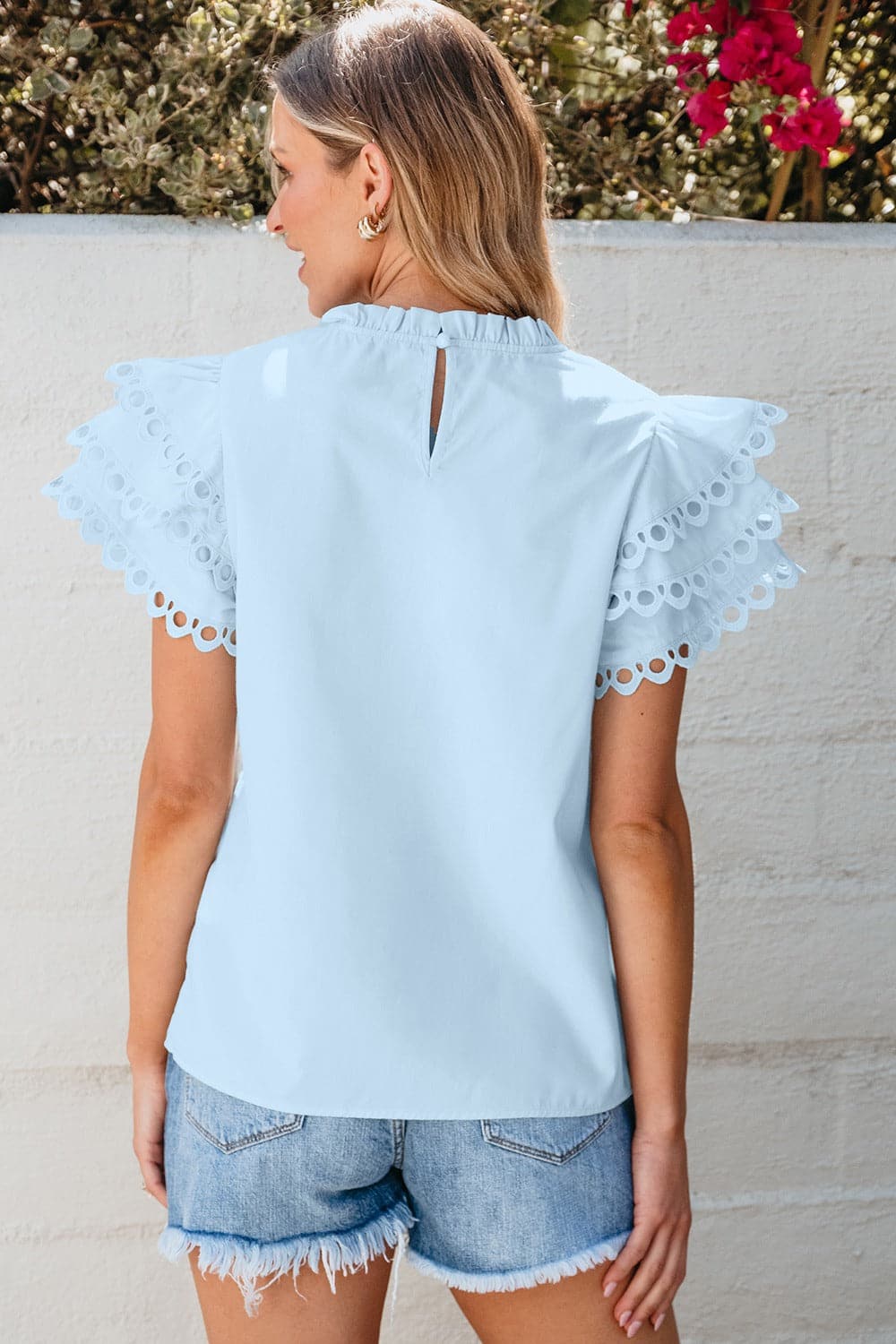 Ruffled Eyelet Round Neck Cap Sleeve Blouse.