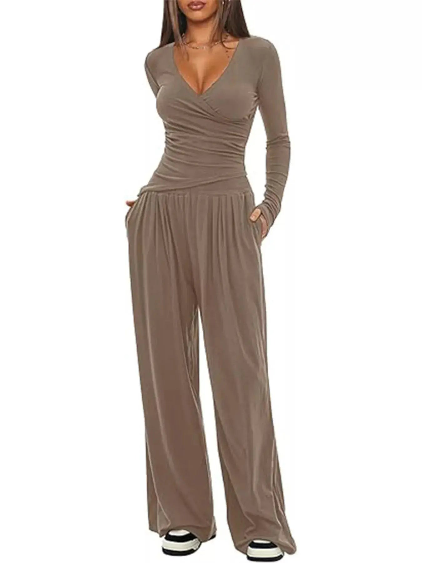 Casual Brown Long Sleeve Wrap Top And Wide Leg Pants Two-Piece Set Simply Love