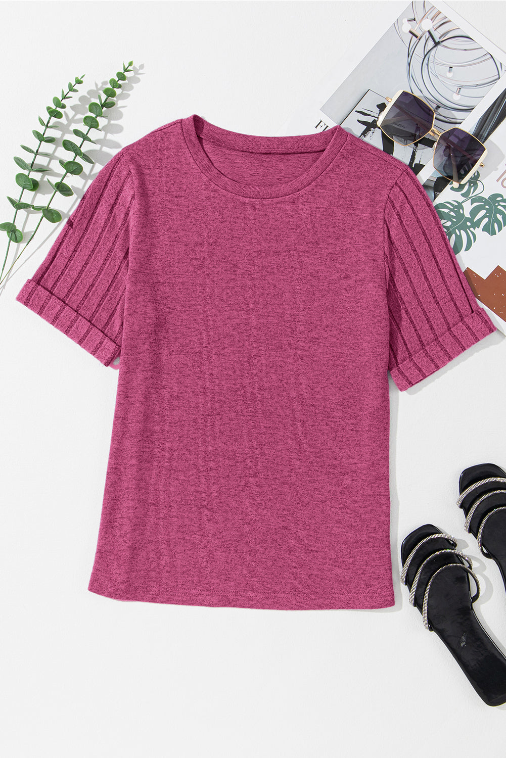 Alma Ribbed Splicing Sleeve Round Neck Top for Women - Love Salve 