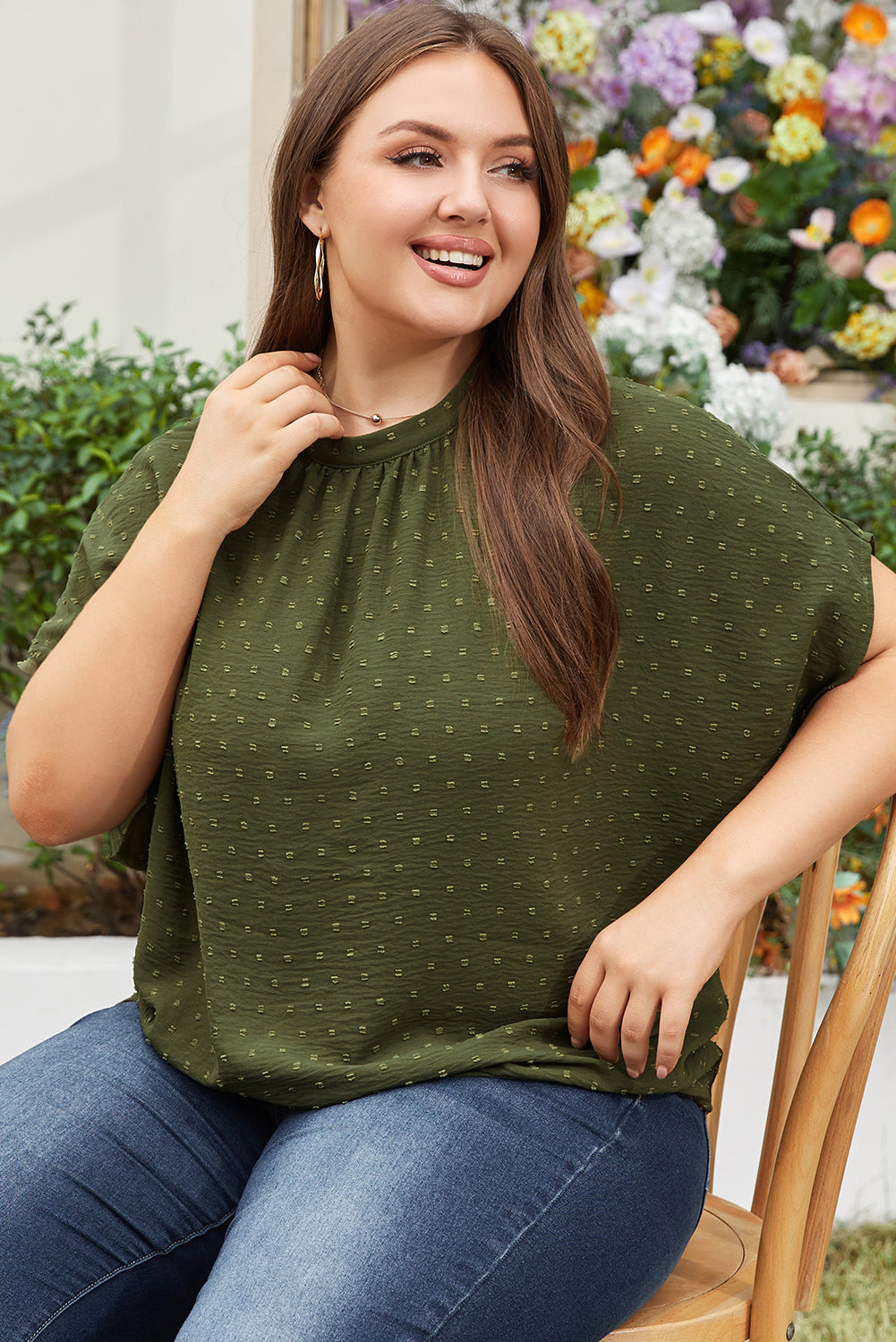 Moss green plus size swiss dot mock neck top with tie-back detail