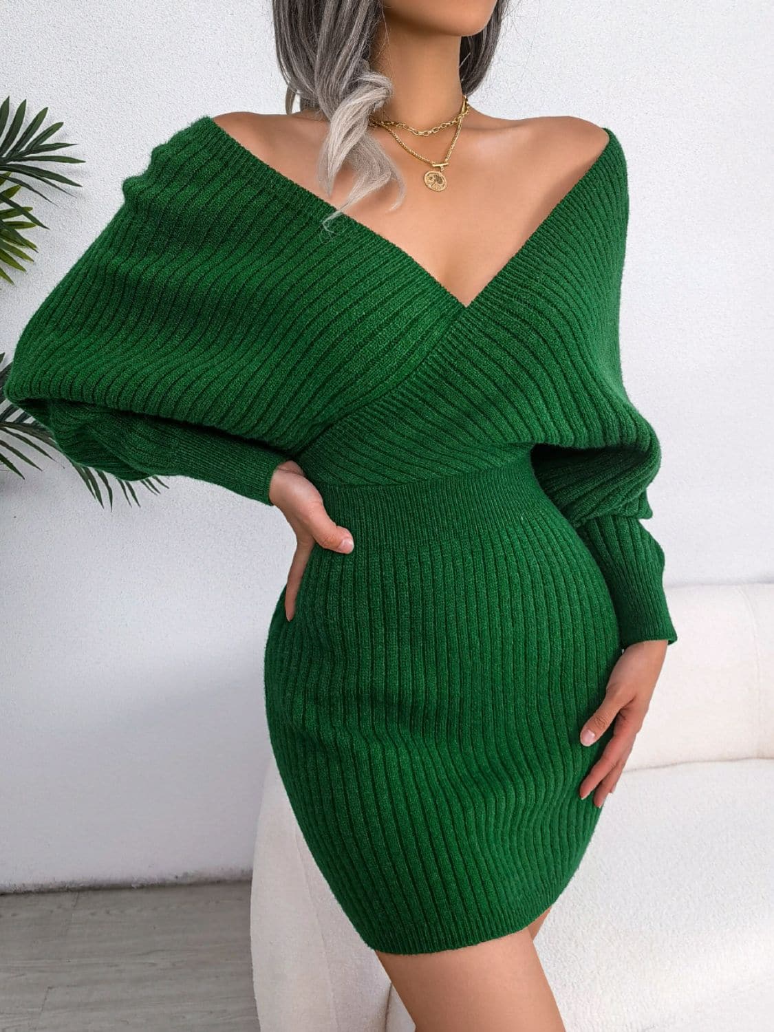 Rib-Knit Dolman Sleeve Sweater Dress.