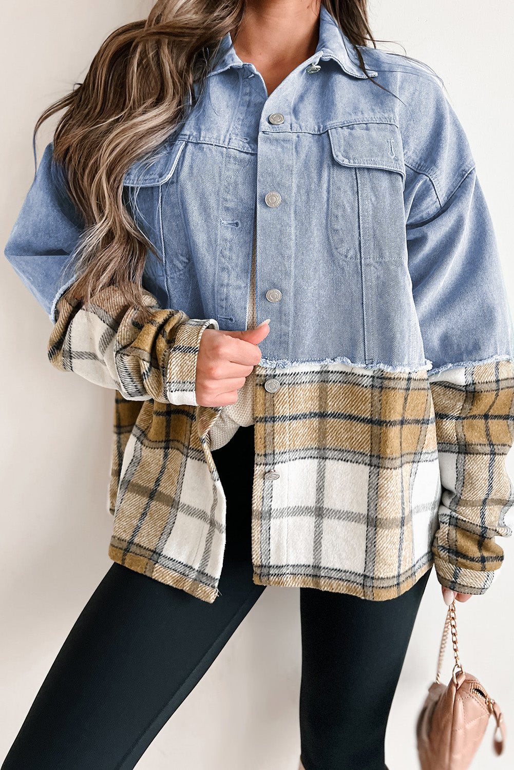 Khaki plaid patchwork buttoned oversized denim jacket with turn-down collar and long sleeves.