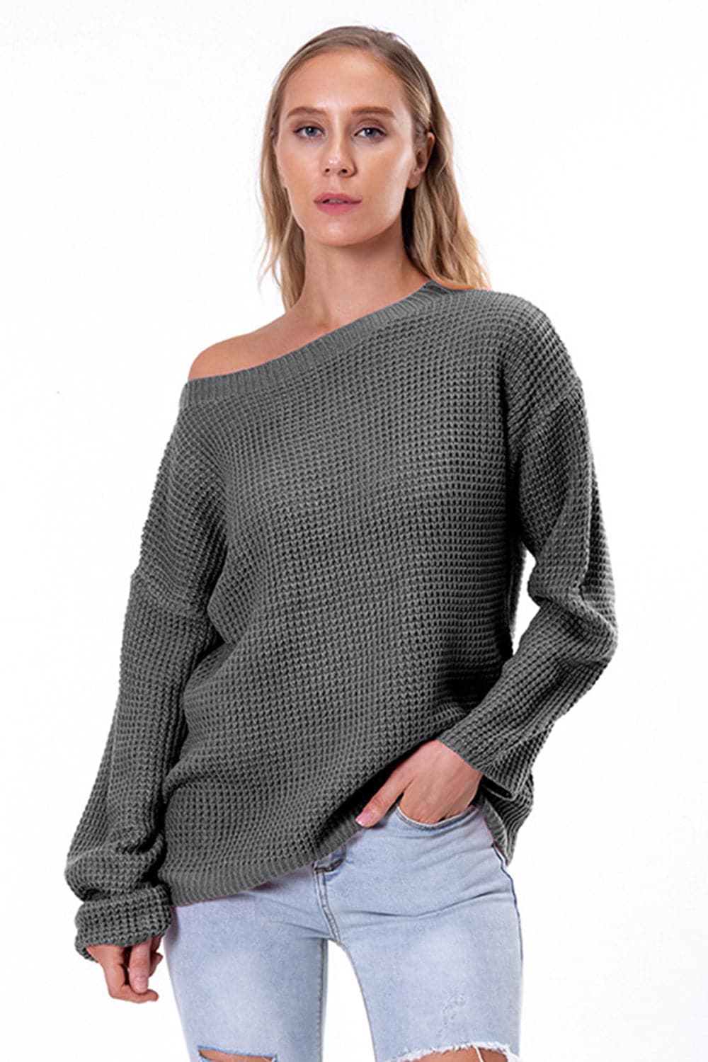 Boat Neck Drop Shoulder Long Sleeve Sweater.