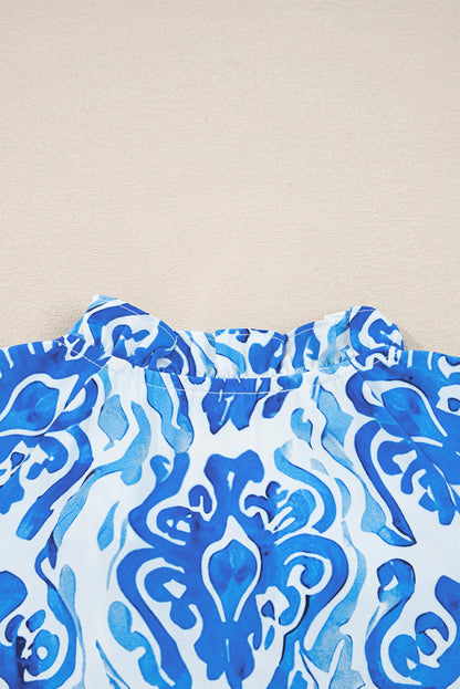 Premium Sky Blue Ethnic Printed Tie Neck Button Puff Sleeve Shirt