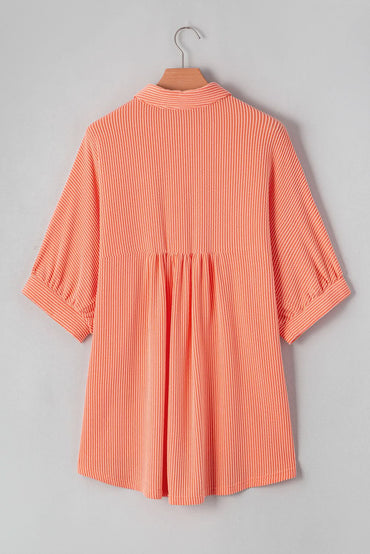 Grapefruit Orange Corded High Low Hem Casual Button-Up Shirt with Half Sleeves